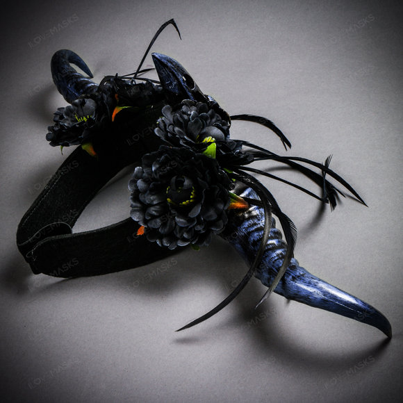 Gothic Demon Long Horn with Flower Head Piece - Black Blue - Picture 2 of 5